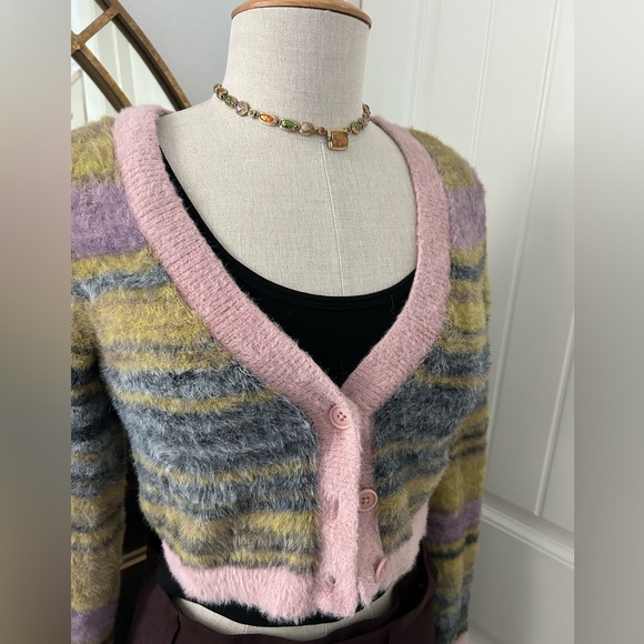 Aritzia Sunday Best Womens Reese Cropped Cardigan S Multicolor Fuzzy Button Up - Picture 7 of 9